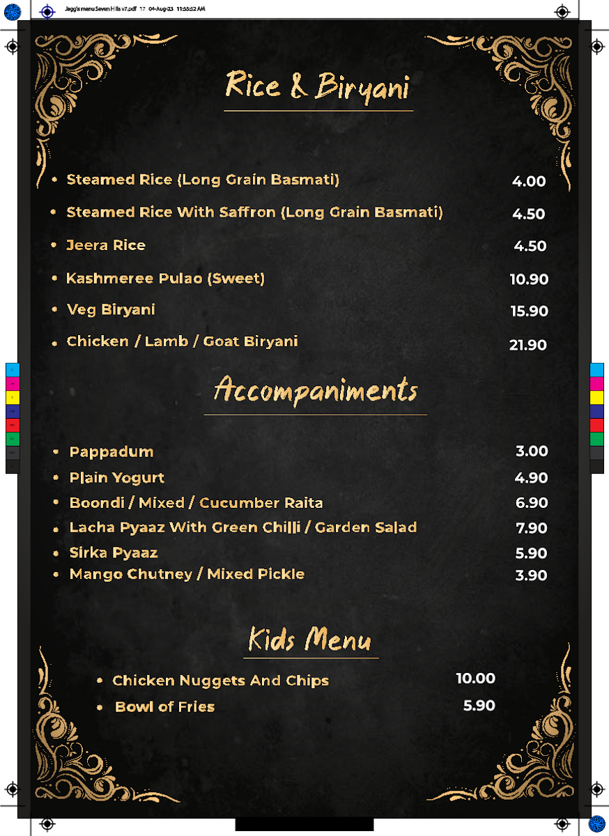 Menu, Jaggi's Indian Eatery & Function Center, Seven Hills