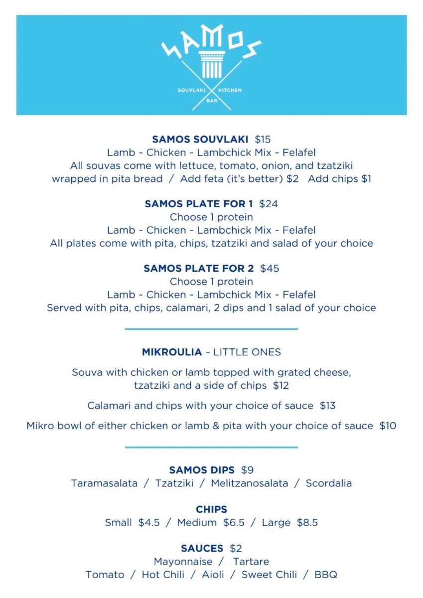 Menu, Samos Kitchen & Bar