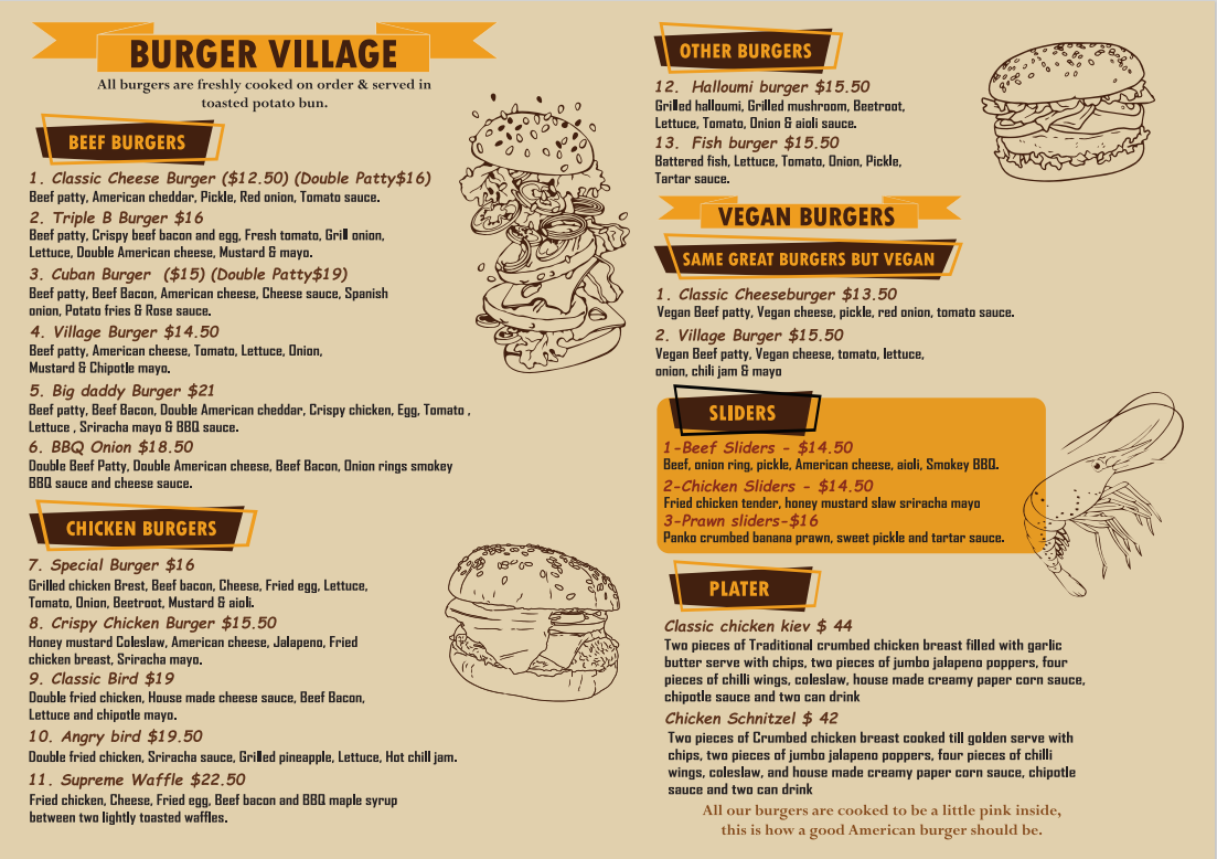 Menu, Burger Village