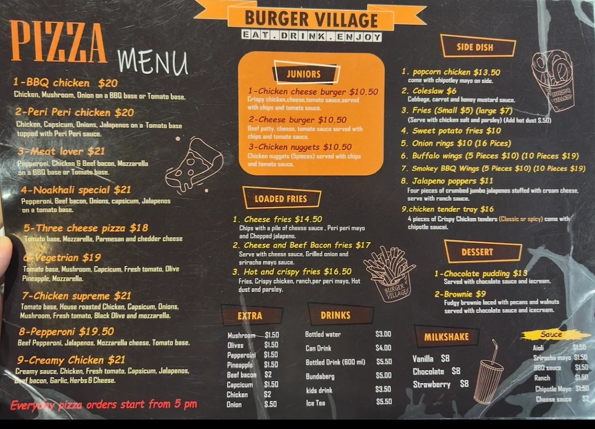 Menu, Burger Village
