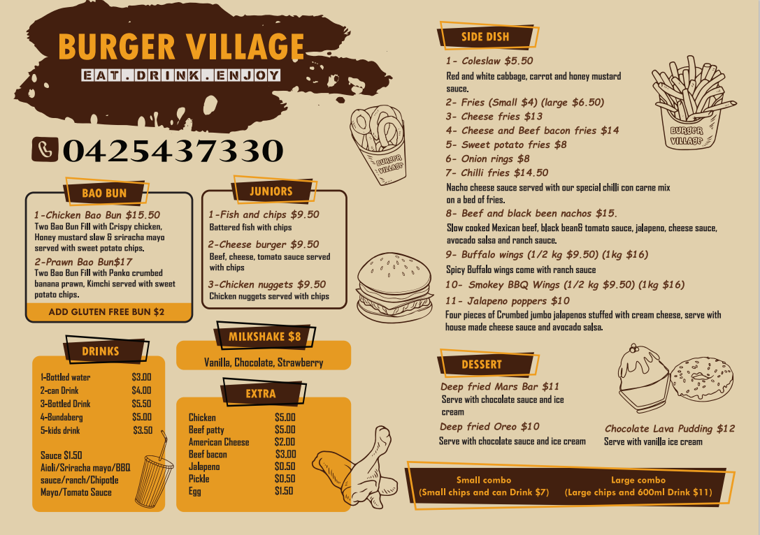 Menu, Burger Village