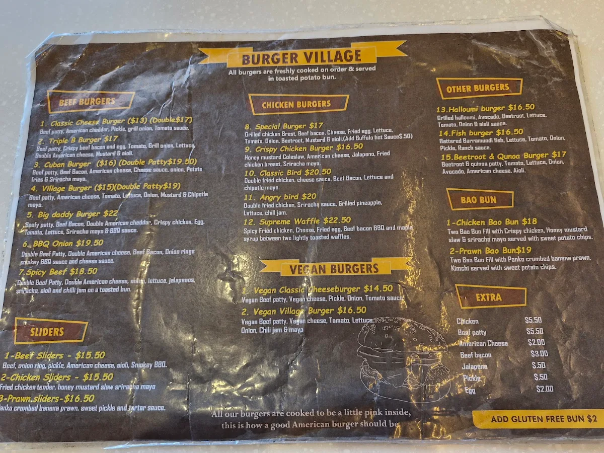 Menu, Burger Village