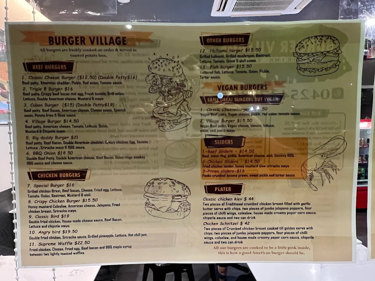Menu, Burger Village