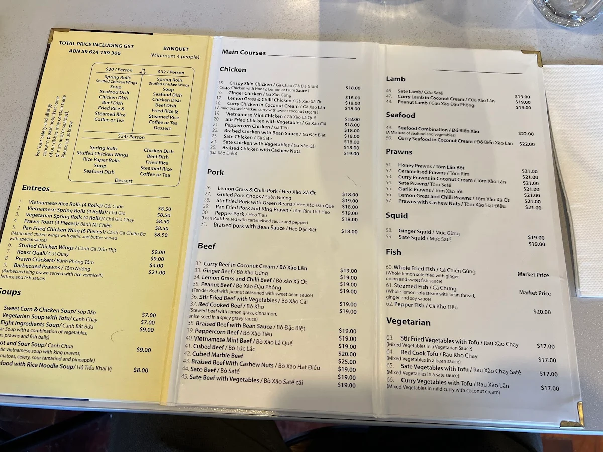 Menu, Tu Do Vietnamese Restaurant