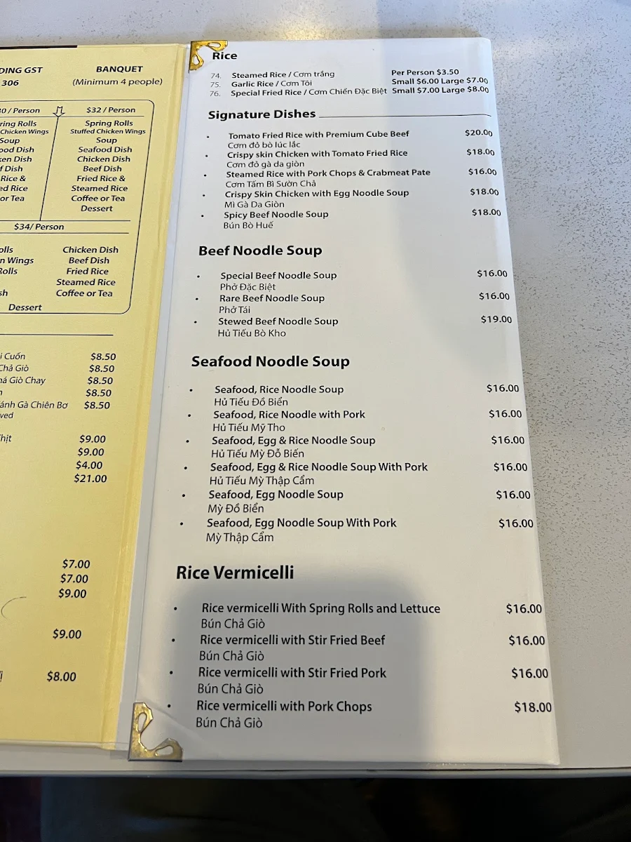 Menu, Tu Do Vietnamese Restaurant
