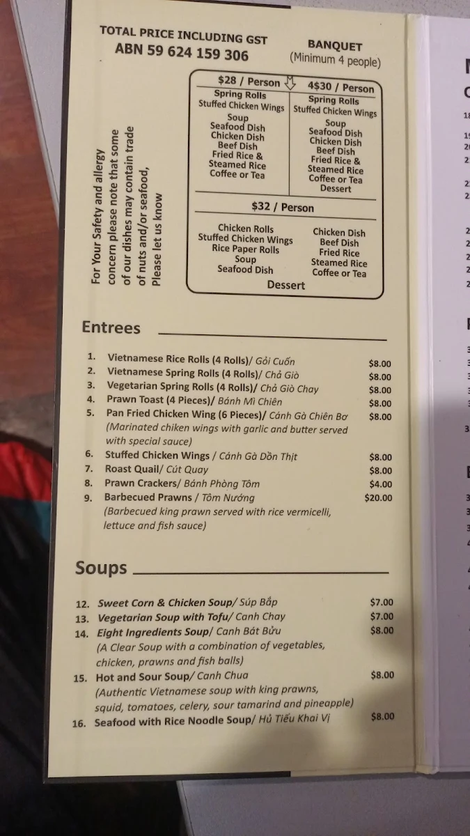 Menu, Tu Do Vietnamese Restaurant
