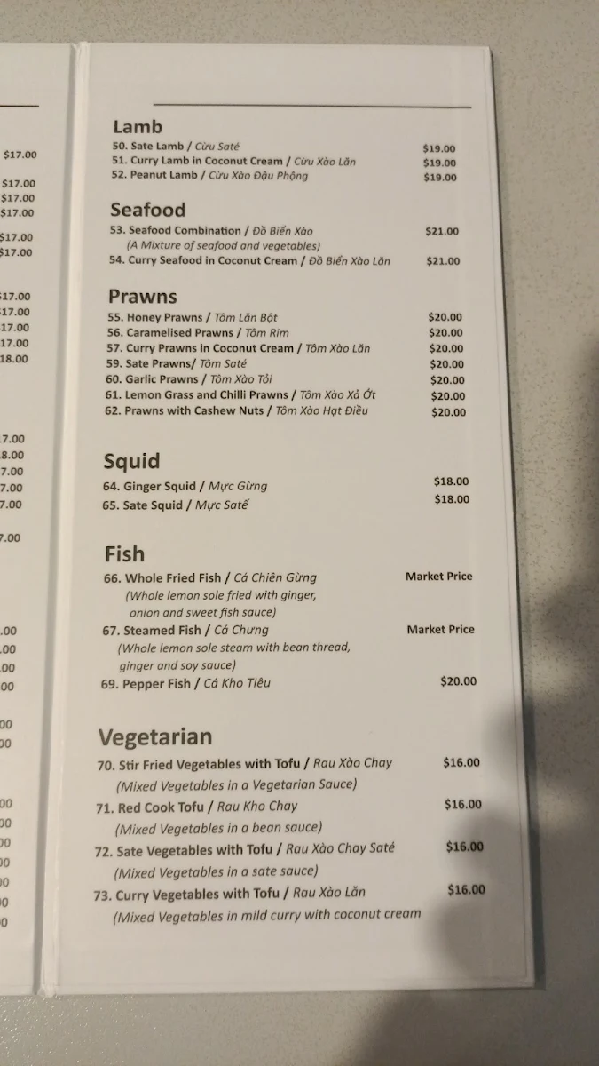 Menu, Tu Do Vietnamese Restaurant
