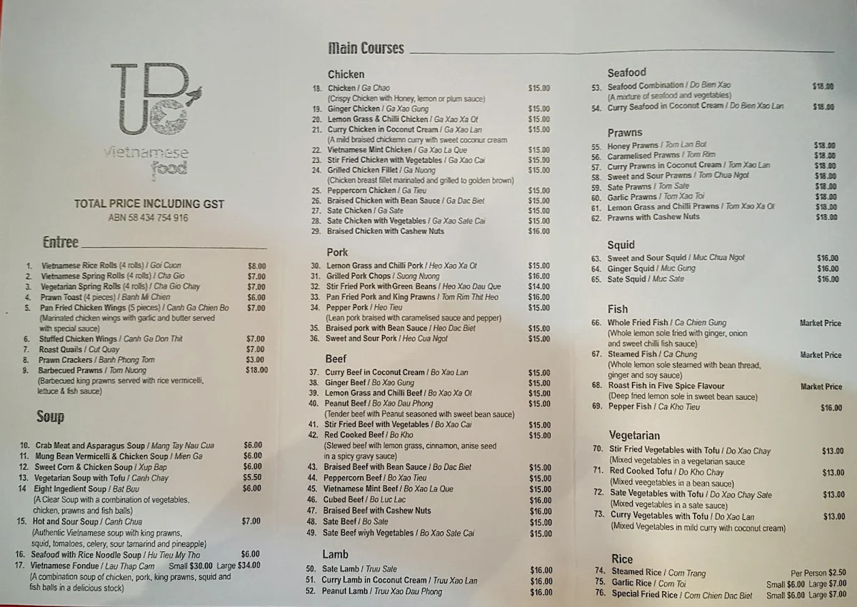 Menu, Tu Do Vietnamese Restaurant
