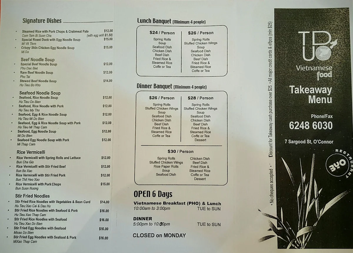 Menu, Tu Do Vietnamese Restaurant