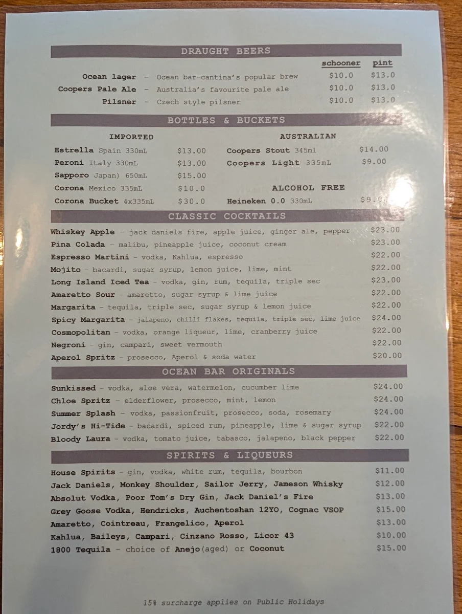 Menu, Ocean bar-cantina