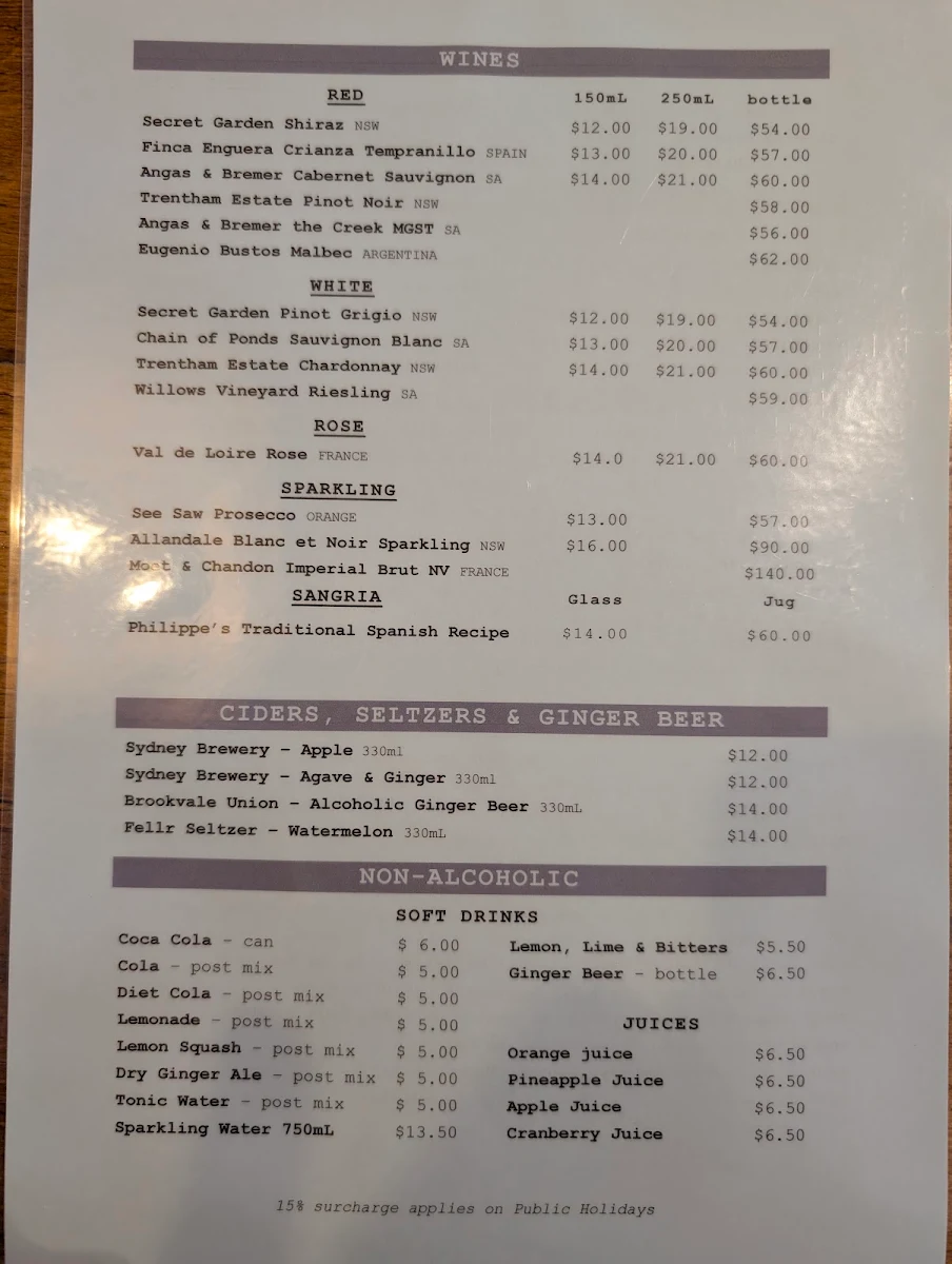 Menu, Ocean bar-cantina