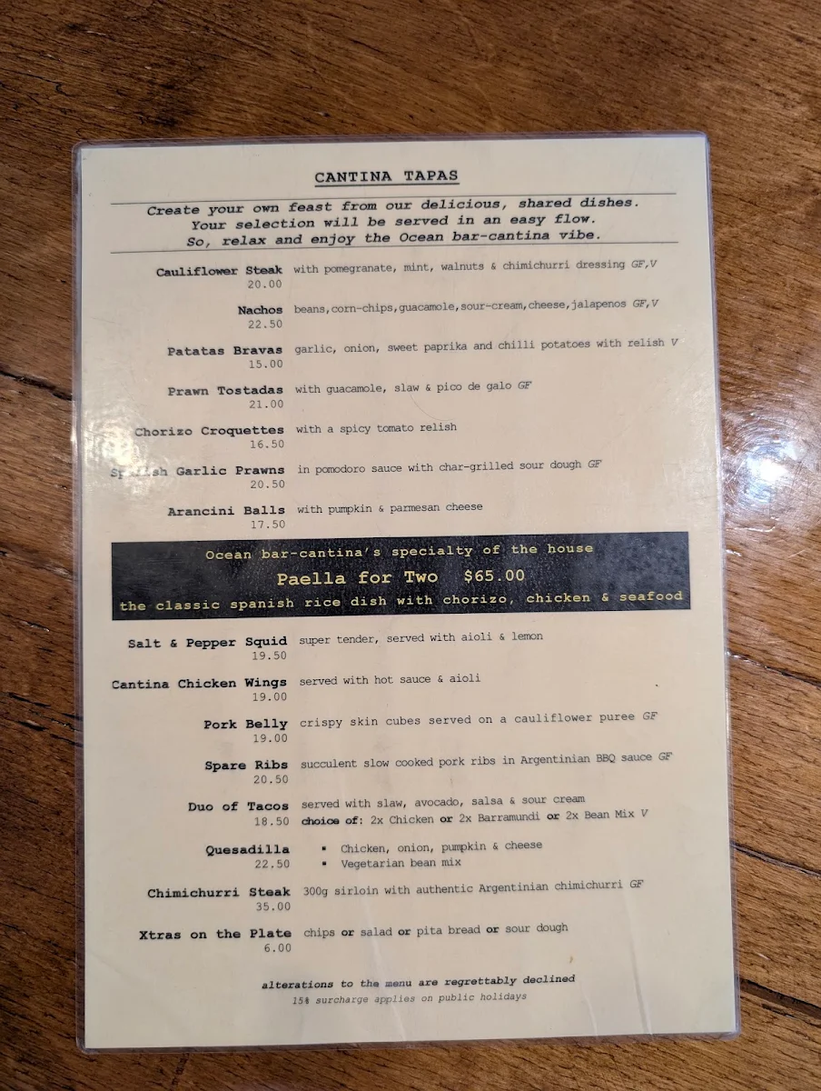 Menu, Ocean bar-cantina
