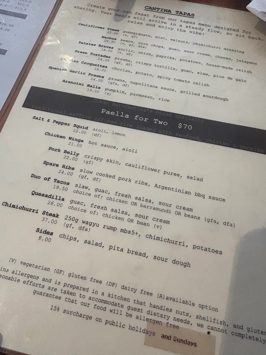 Menu, Ocean bar-cantina