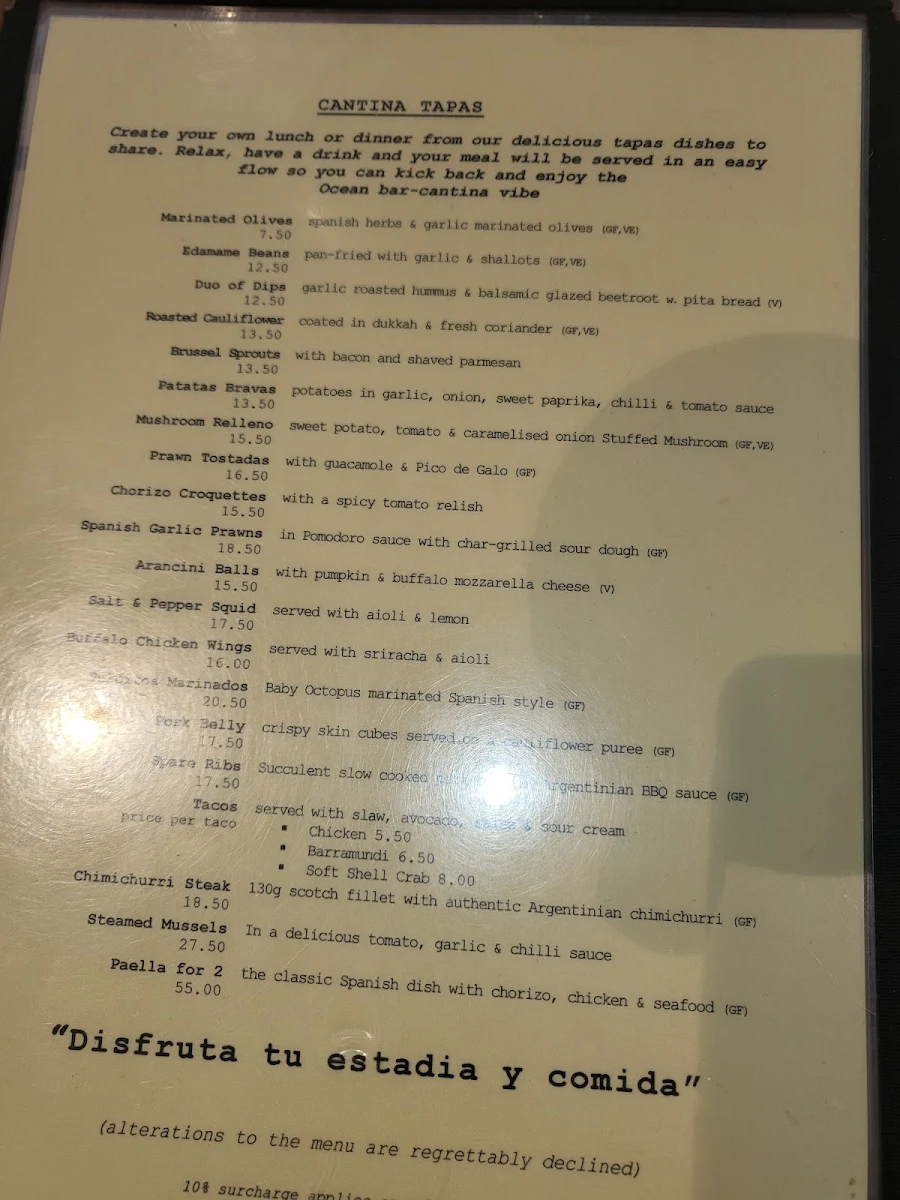 Menu, Ocean bar-cantina
