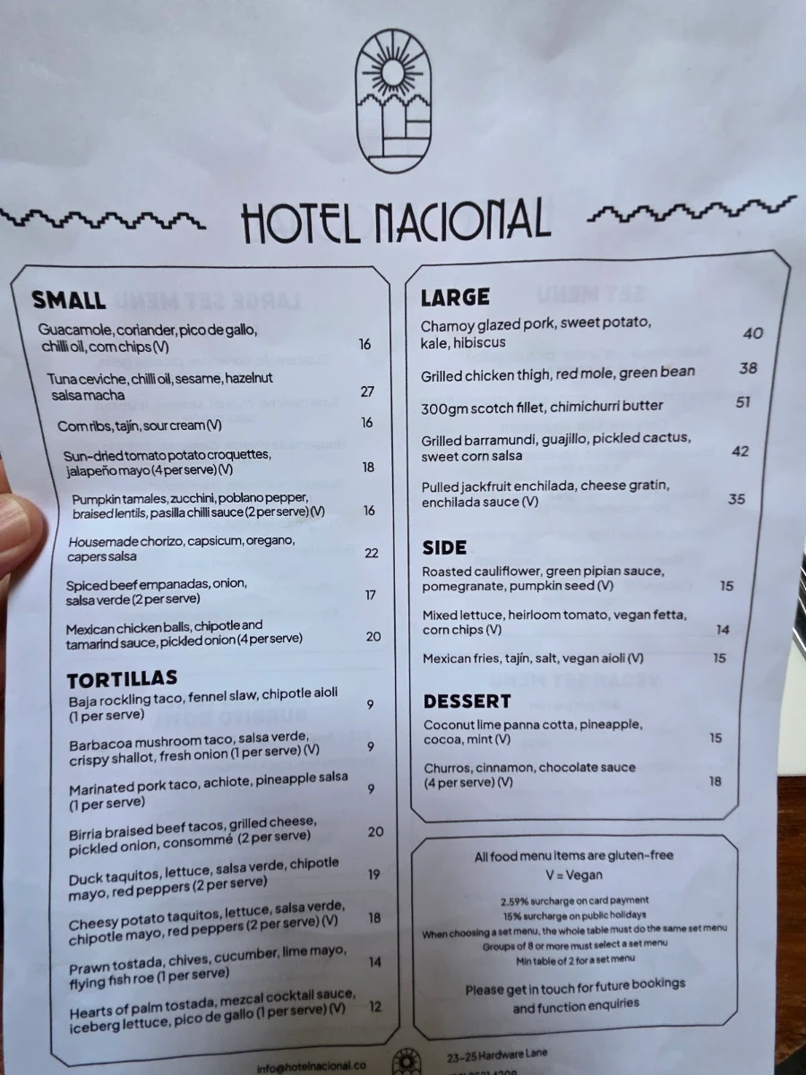 Menu, Hotel Nacional