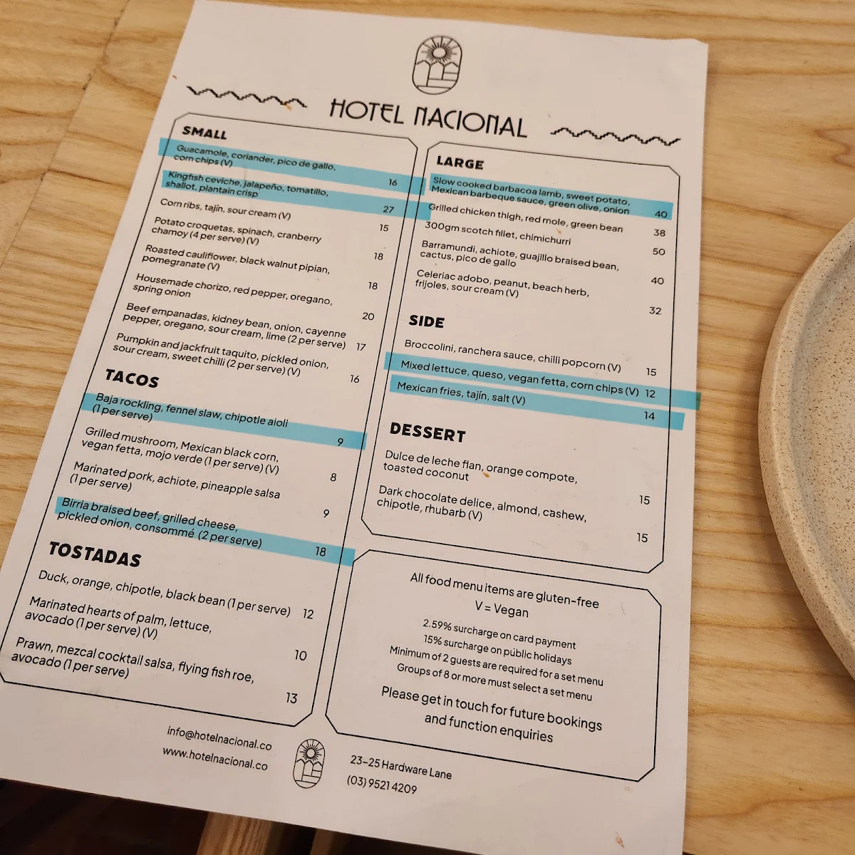 Menu, Hotel Nacional