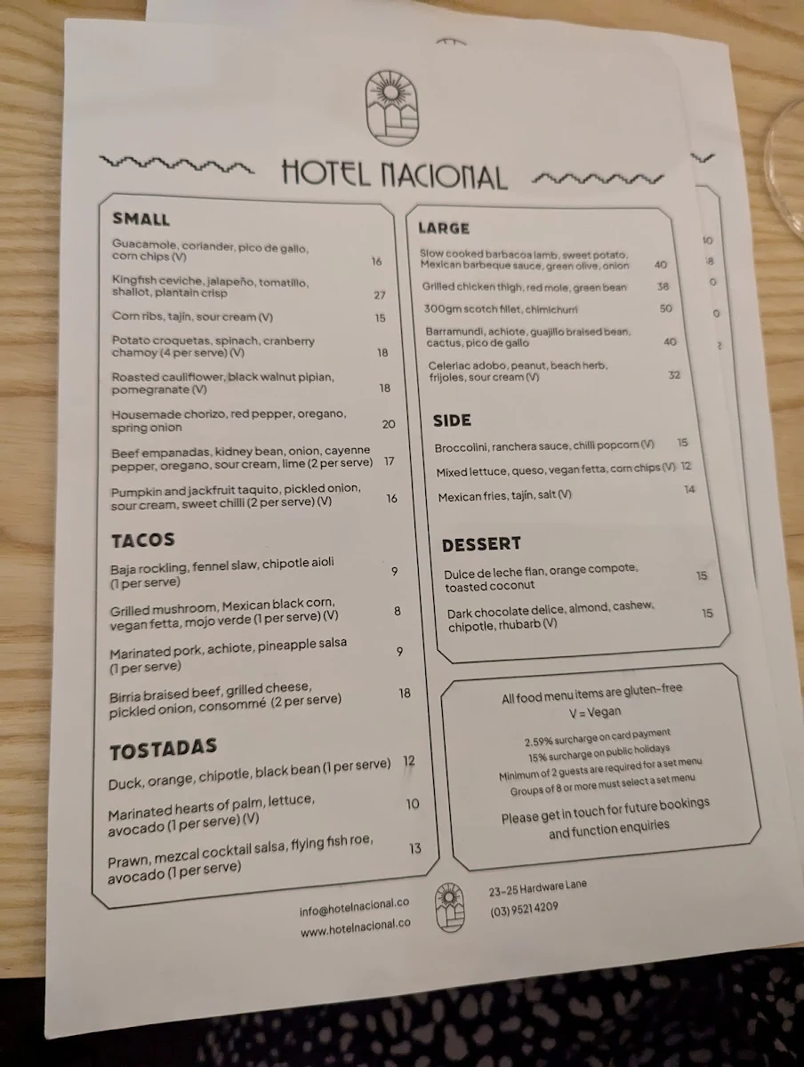 Menu, Hotel Nacional