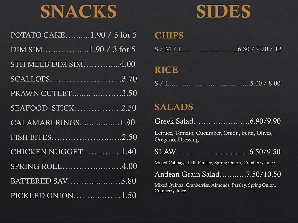Menu, Taken away fish and chippery