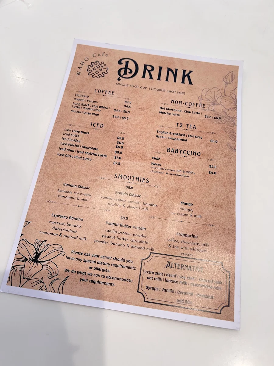 Menu, WAHO Cafe