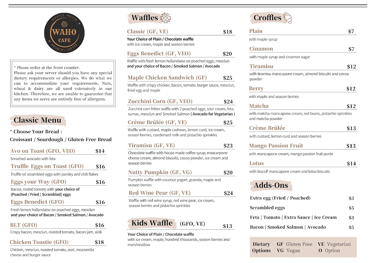 Menu, WAHO Cafe