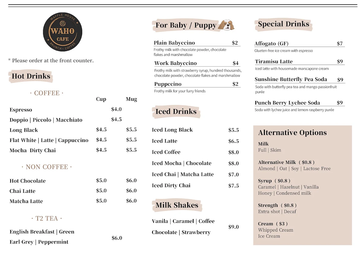 Menu, WAHO Cafe