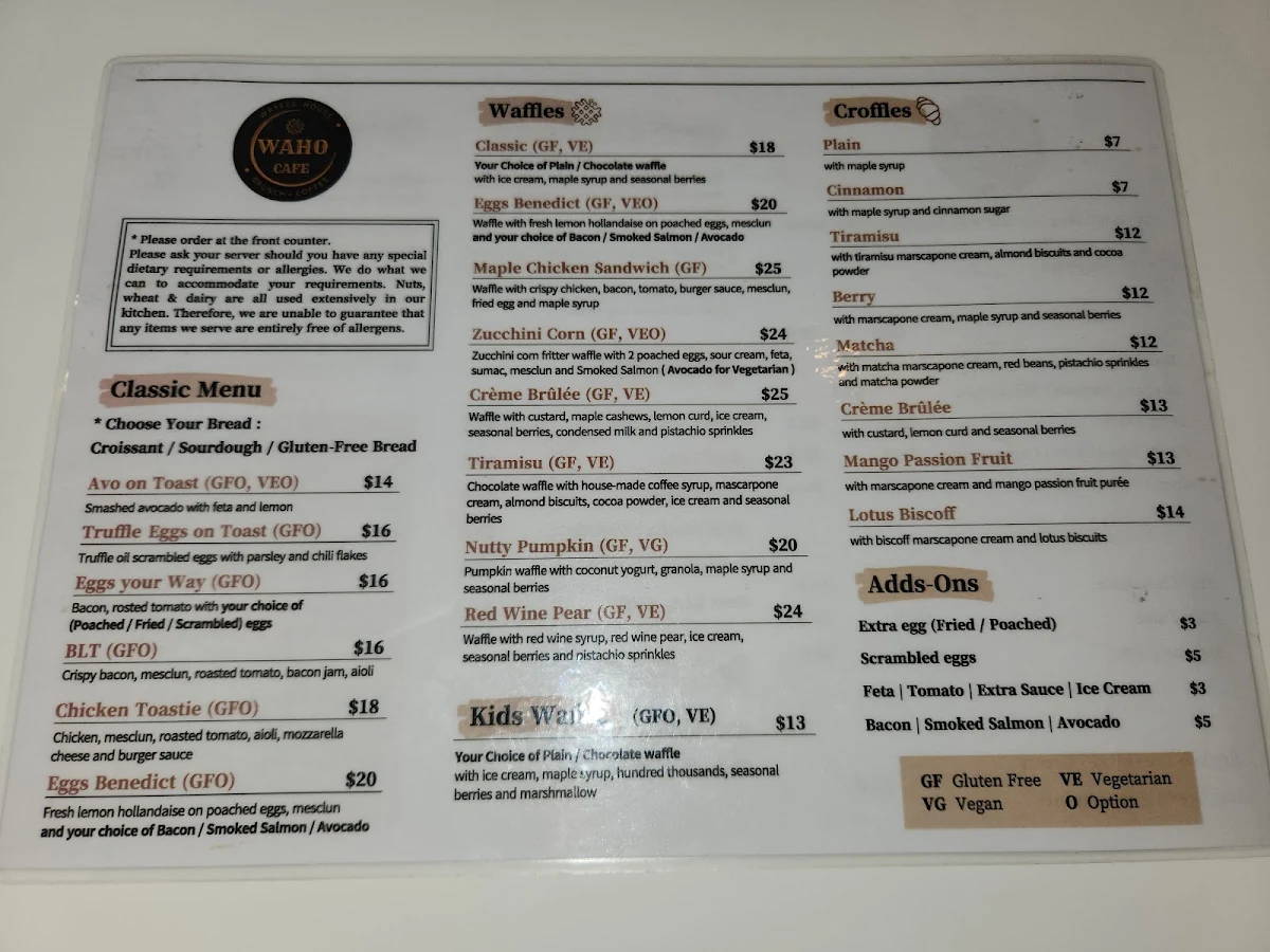 Menu, WAHO Cafe