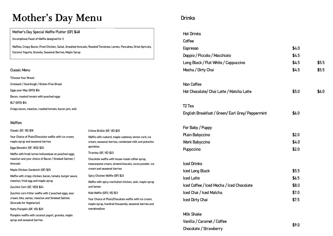 Menu, WAHO Cafe