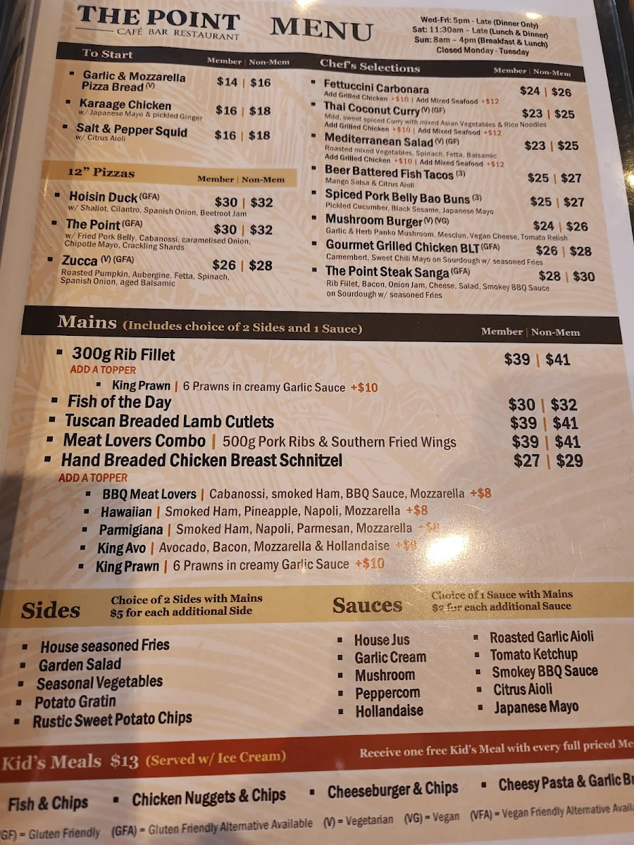 Menu, The Point Café Bar Restaurant