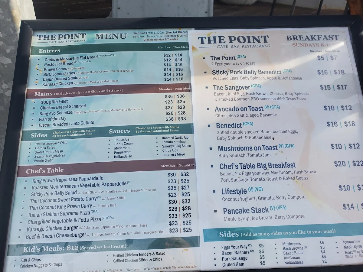 Menu, The Point Café Bar Restaurant