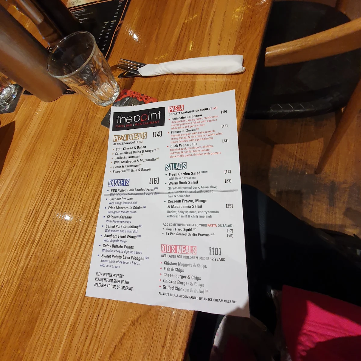 Menu, The Point Café Bar Restaurant