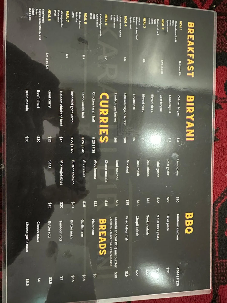 Menu, Karachi Biryani and Karahi Rooty Hill