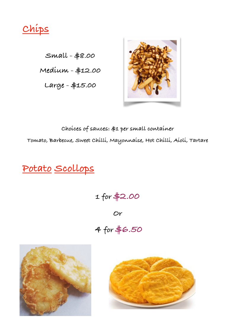 Menu, The Falls Takeaway