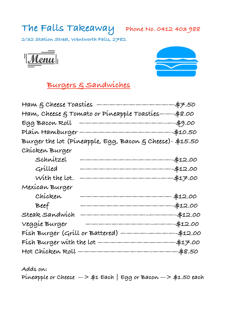 Menu, The Falls Takeaway