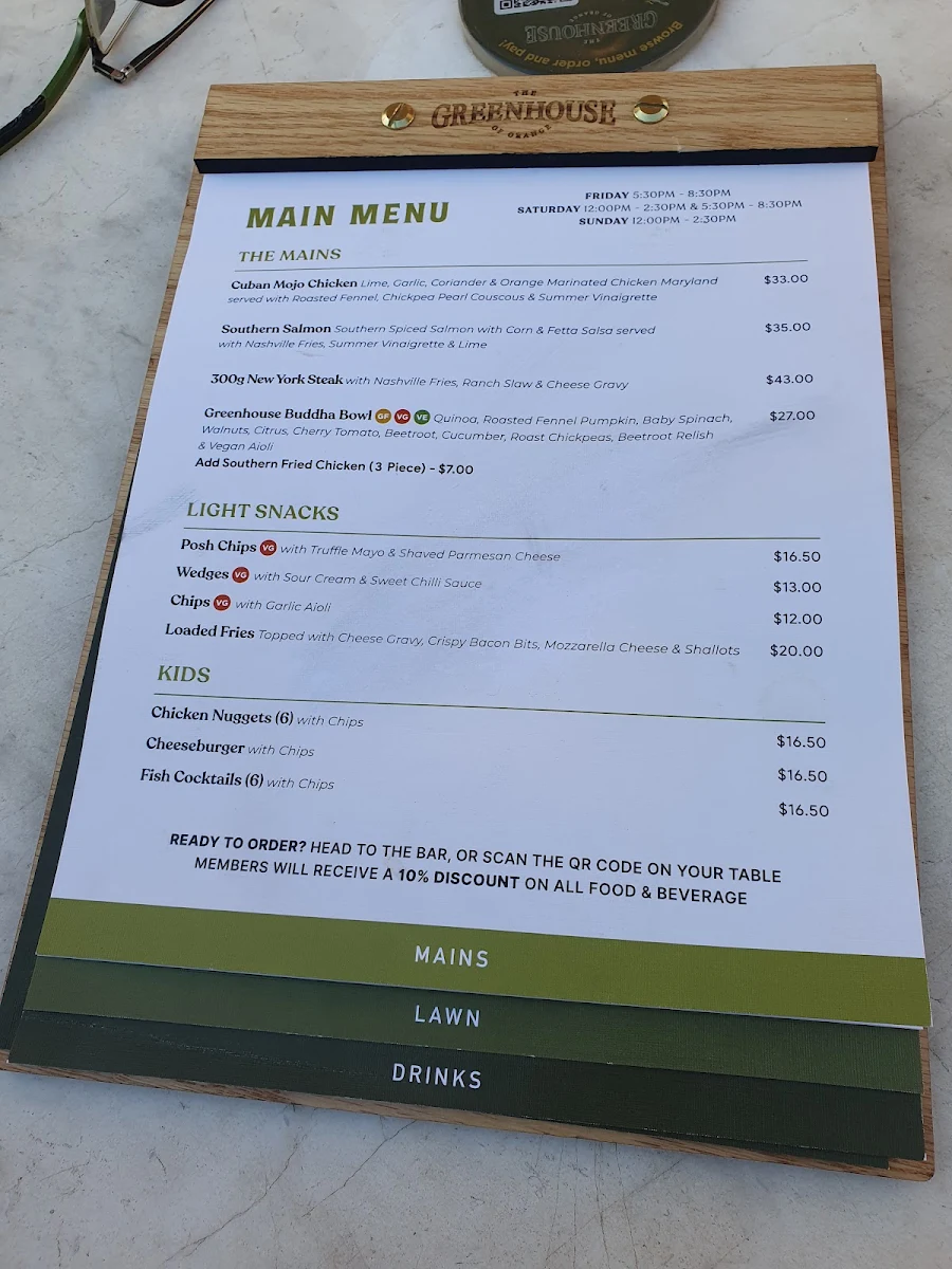 Menu, The Greenhouse of Orange