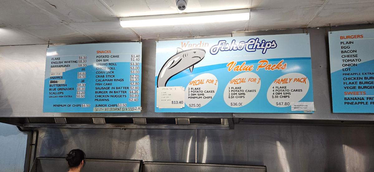 Menu, Wandin Fish & Chip Shop
