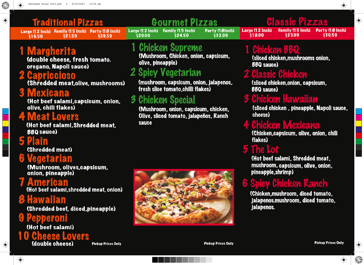 Menu, Periston Pizza Shop