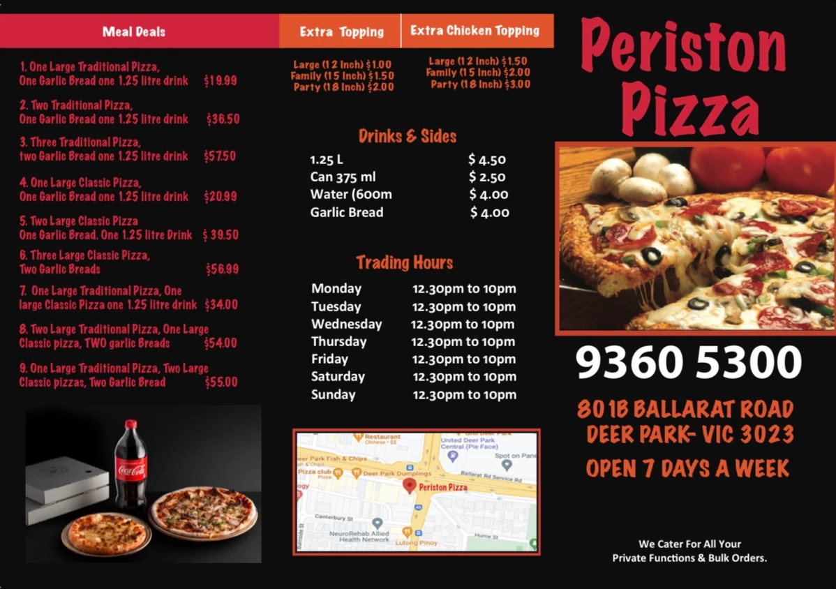Menu, Periston Pizza Shop