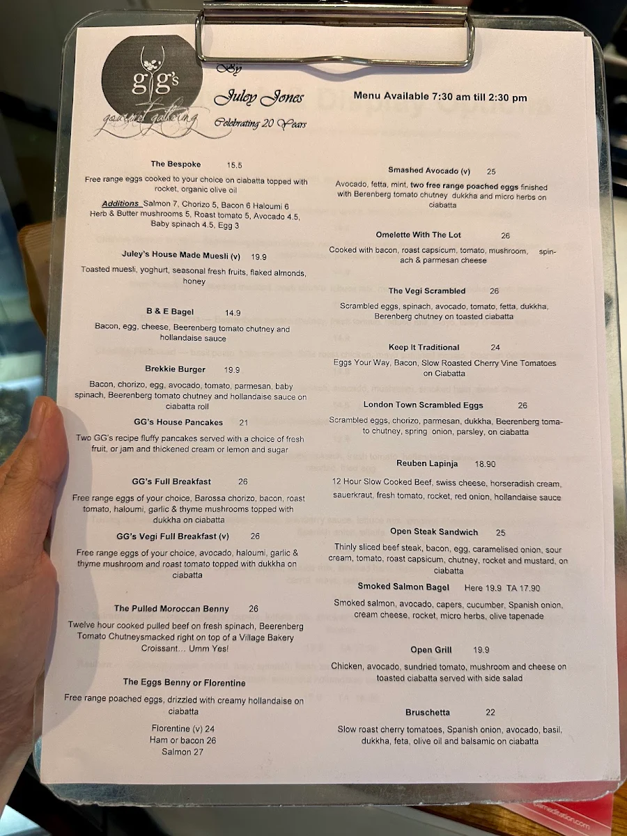 Menu, GG's Cafe Dulwich