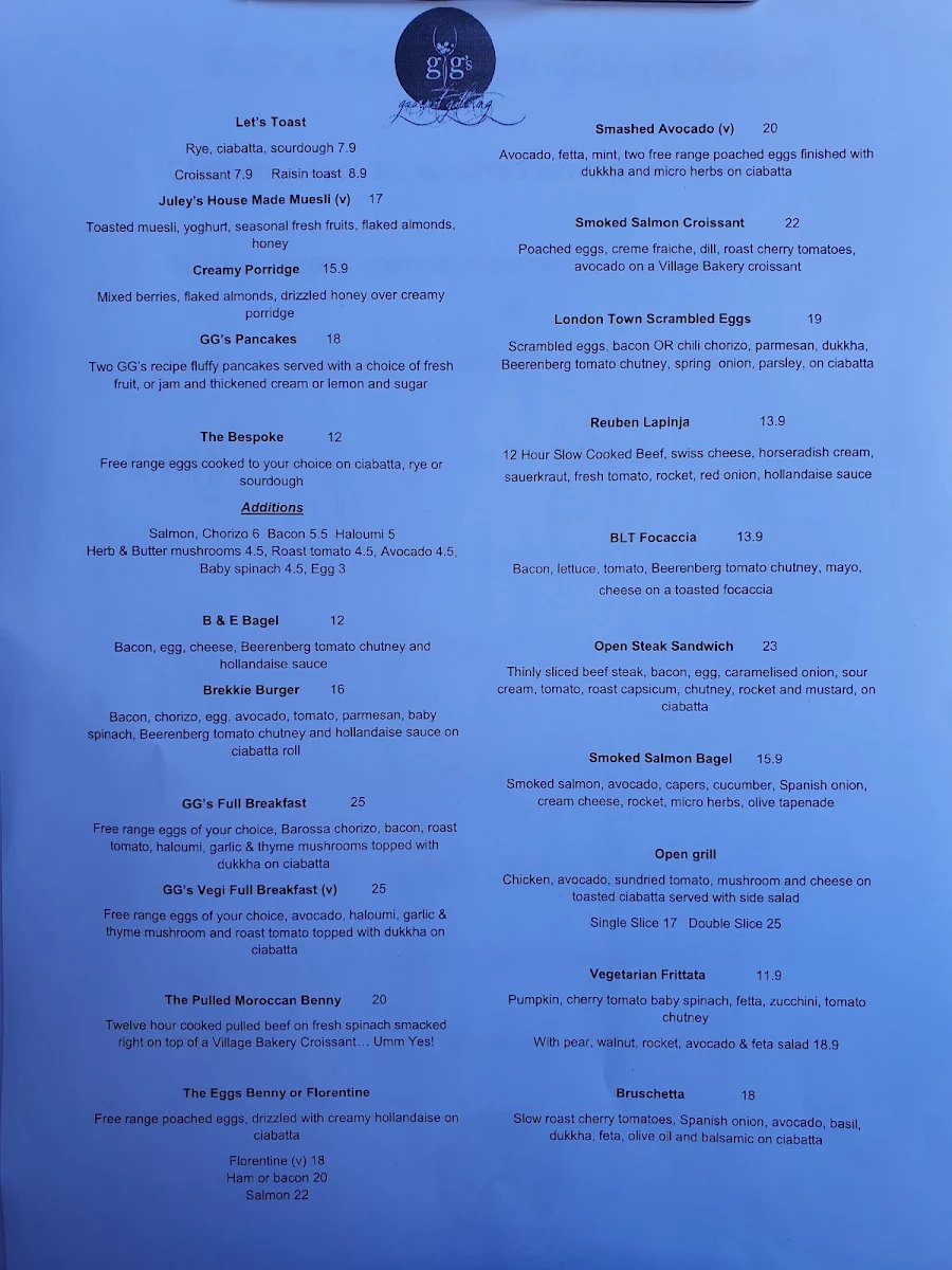 Menu, GG's Cafe Dulwich