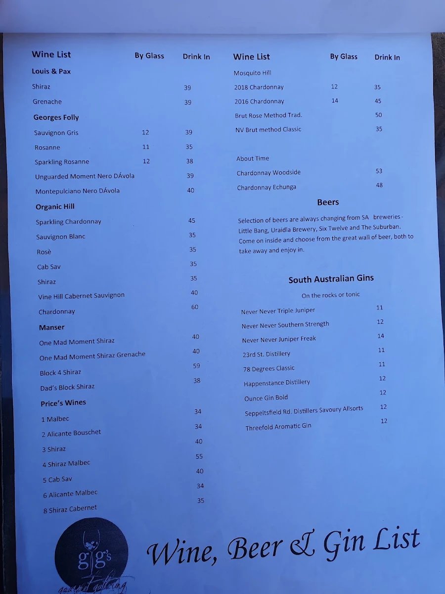 Menu, GG's Cafe Dulwich
