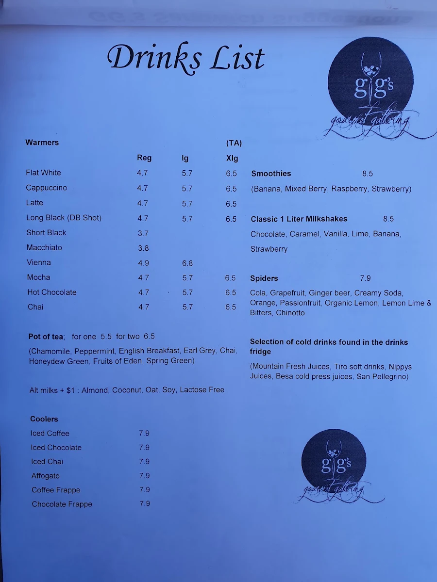 Menu, GG's Cafe Dulwich