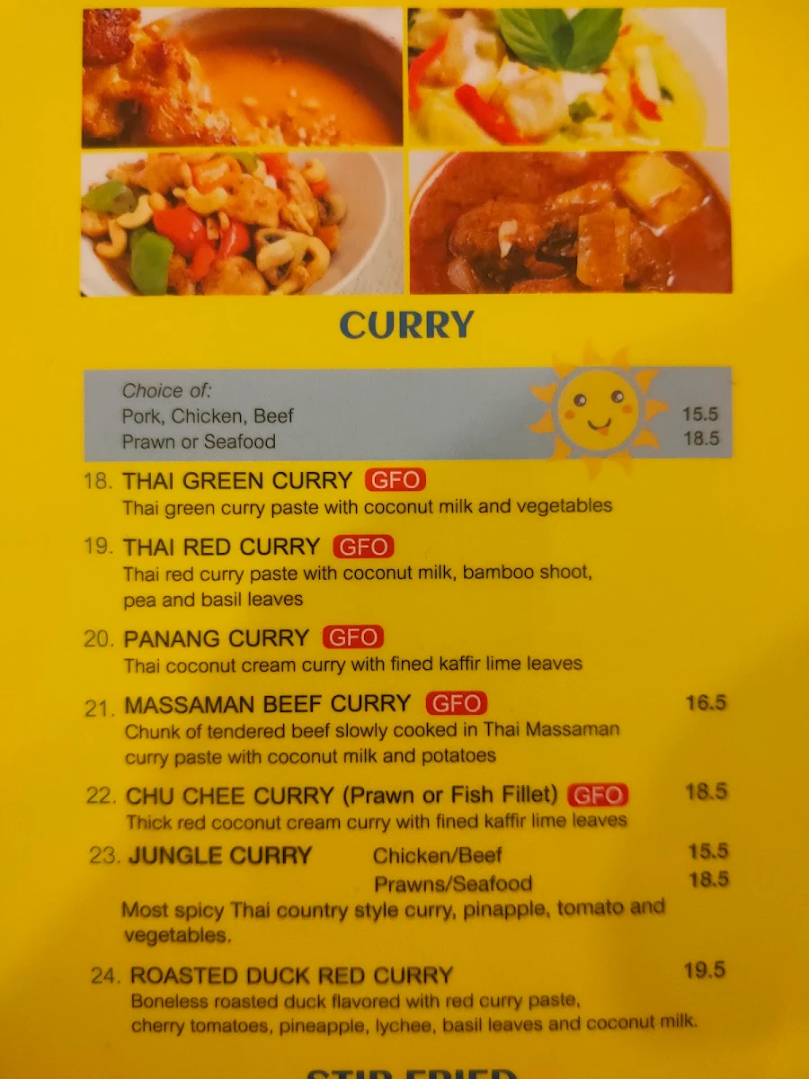 Menu, Sunny Thai Takeaway