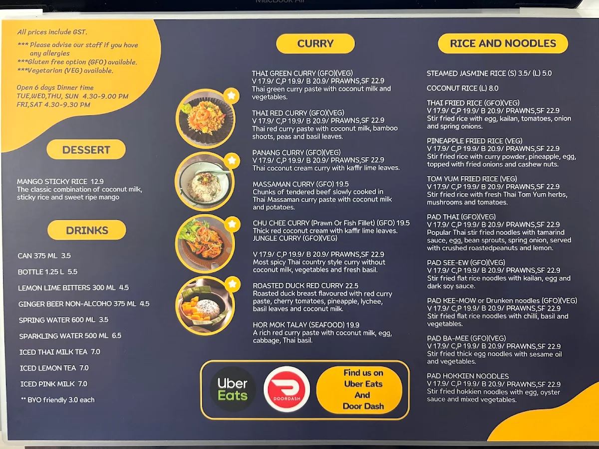 Menu, Sunny Thai Takeaway