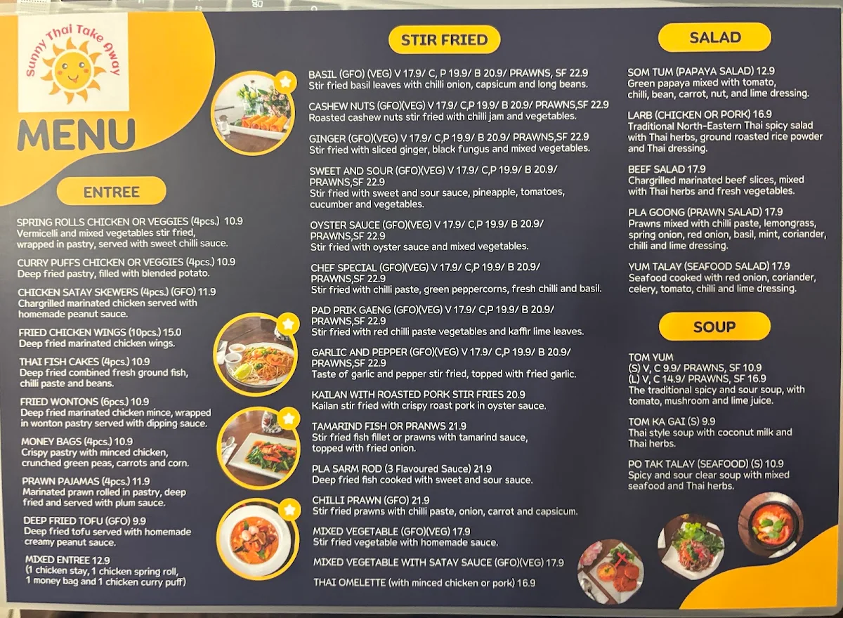 Menu, Sunny Thai Takeaway