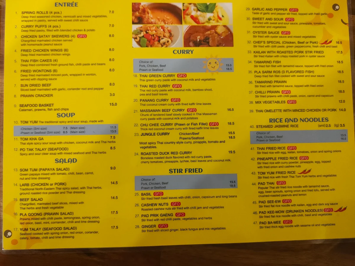 Menu, Sunny Thai Takeaway