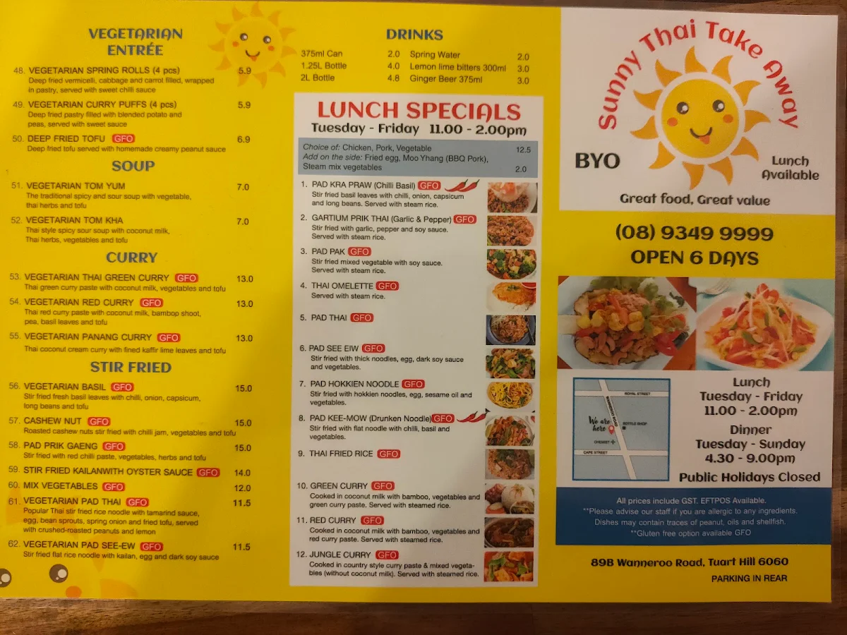 Menu, Sunny Thai Takeaway