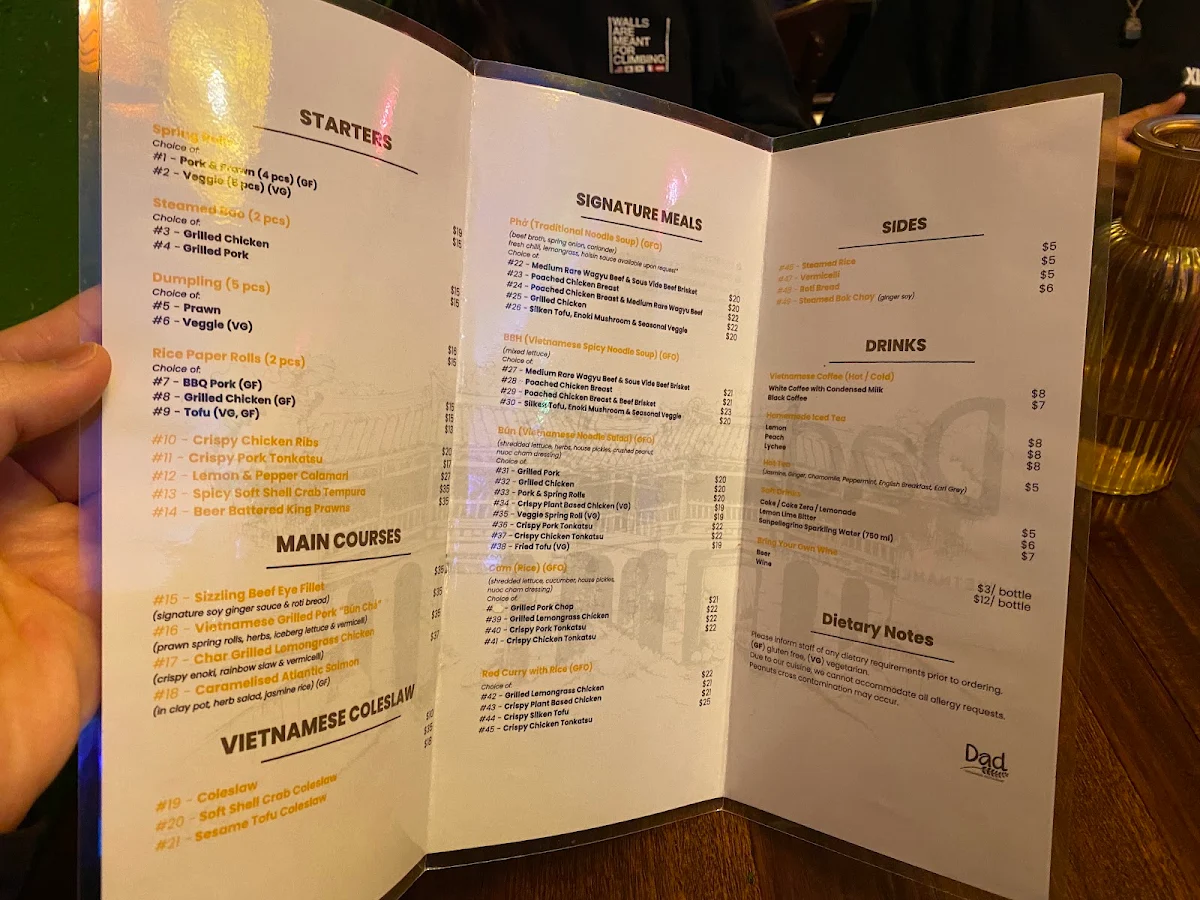 Menu, Dad Vietnamese Restaurant