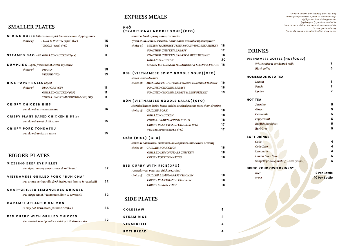 Menu, Dad Vietnamese Restaurant
