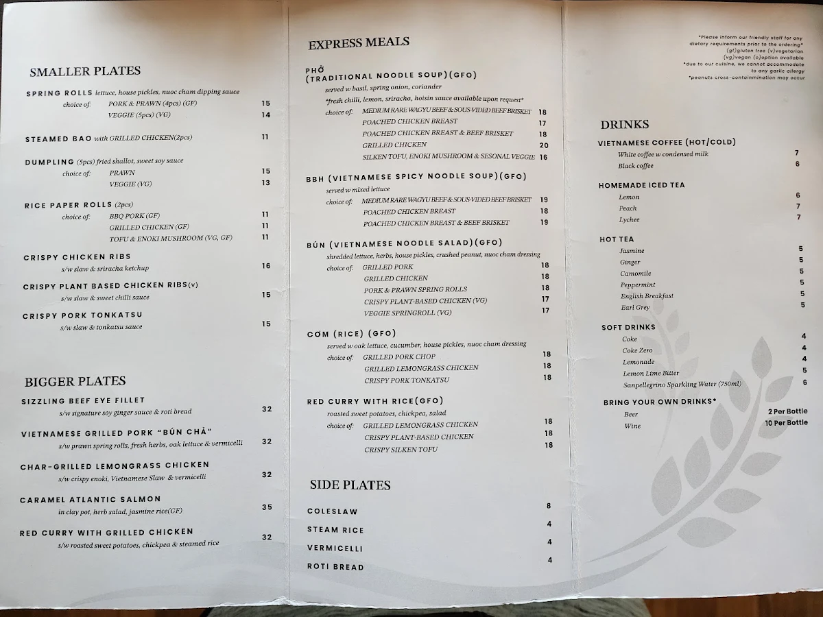 Menu, Dad Vietnamese Restaurant
