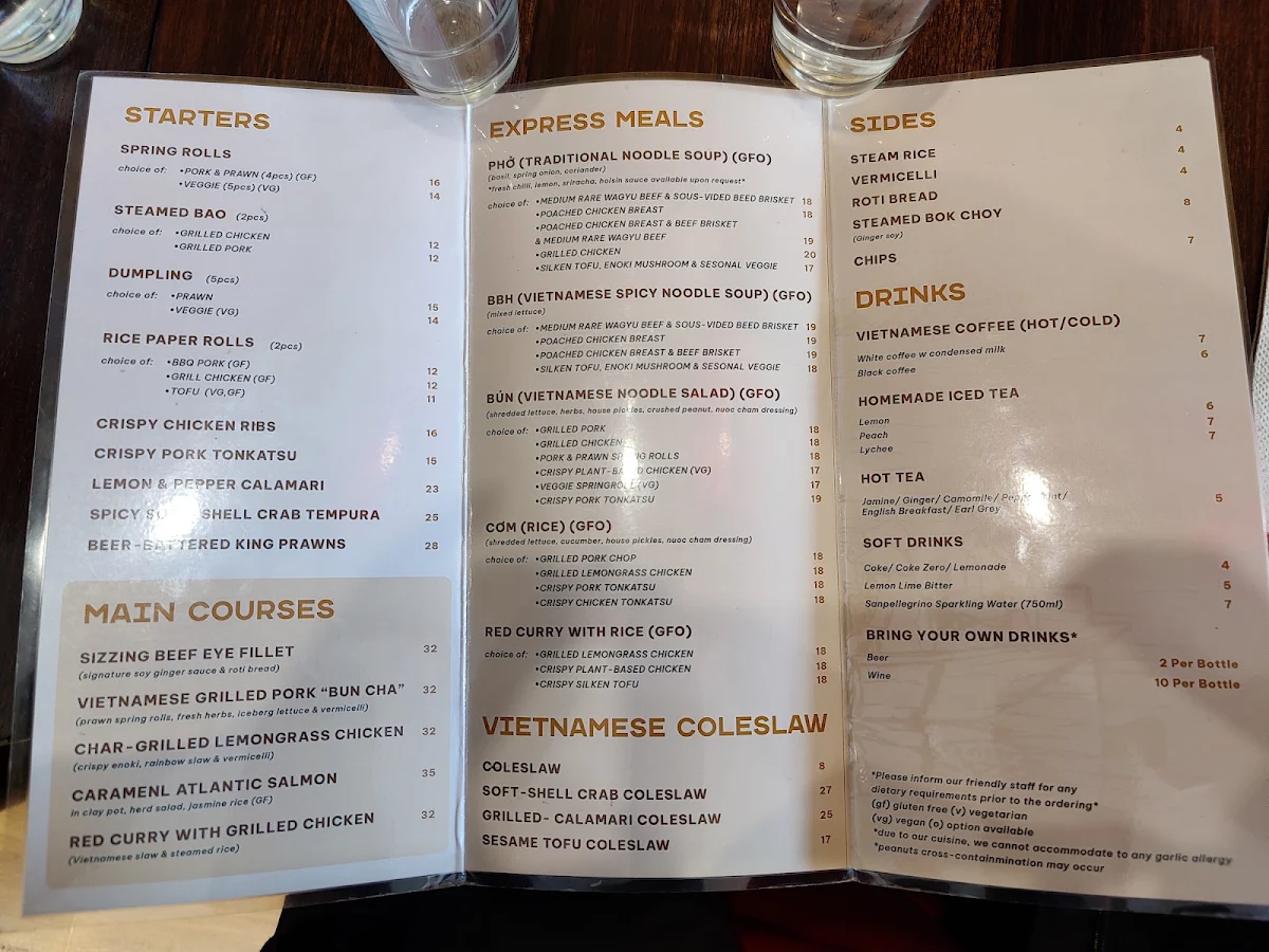 Menu, Dad Vietnamese Restaurant